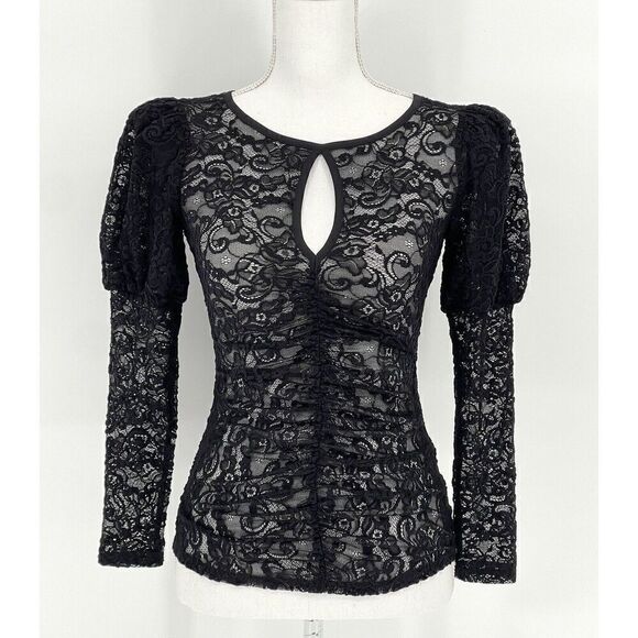 Smythe Tops - Smythe Juliet Keyhole Black Lace Blouse Long Puff Sleeve Ruched Womens Size S